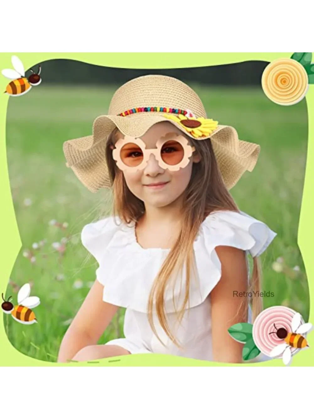 Girls Straw Sun Hat with Sunglasses, Kids Summer Beach Floppy Cap, Wavy Brim,